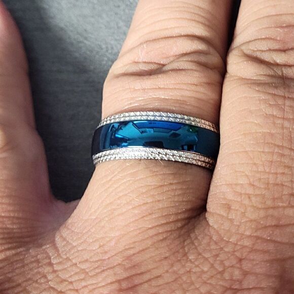 Men's Blue Domed Xband  Promise Ring Band - Guys Promise Ring Blue and Silver - Picture 2 of 8